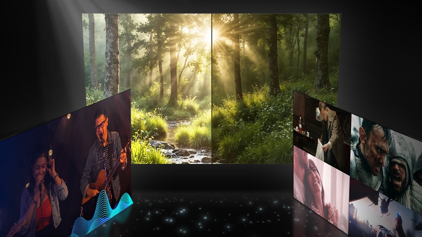 Three OLED TV screens showing how AI Mode customizes the picture and audio settings for different types of content.