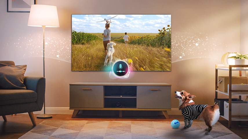 An OLED TV's connected mic detects a dog's presence. The dog looks happy as the TV plays a peaceful scene along with music.